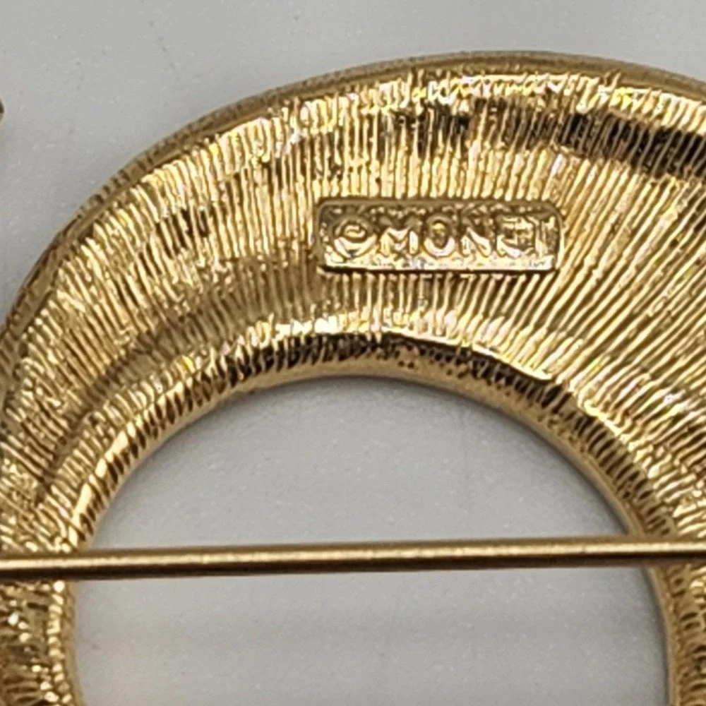 Monet Vintage Abstract Pin Brooch Black‎ Enamel Gold Chunky Signed 1980s Vintage